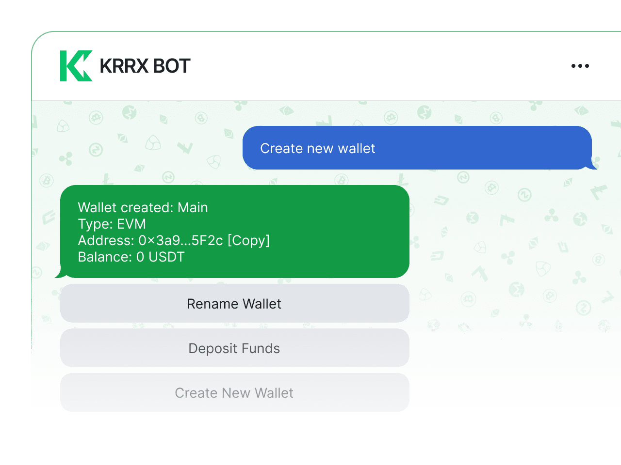 KRRX Bot confirms new EVM wallet creation with 0 USDT balance